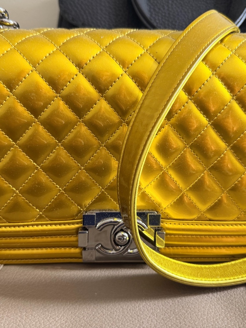 CHANEL Metallic Gold Le Boy with Gun Metal CC Lock